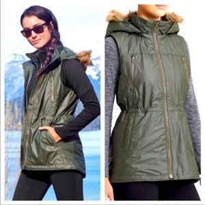 Athleta long vest w/ faux fur trim hood